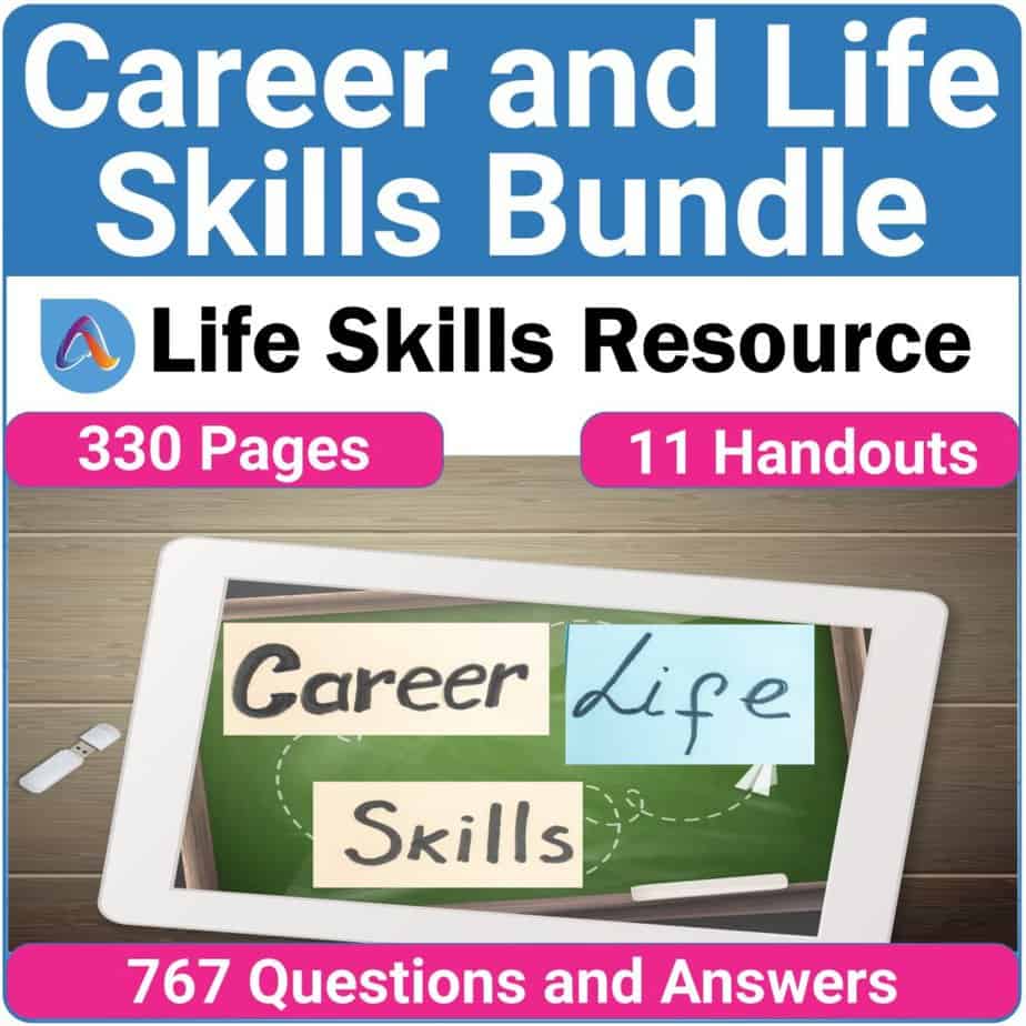 Are you searching for a Career and Life Skills Activity Bundle Special Education for teens and adults? This resource contains life skills and job activities such as budgeting, grocery shopping, internet safety, scheduling appointments, completing a job application, creating your first resume, preparing for a job interview, reading a pay stub, and more!