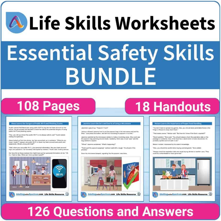 Are you searching for an Essential Safety Skills Bundle for your Middle and High School Special Education class? This essential safety skills bundle includes 18 No-Prep Worksheets. This special education middle and high school bundle utilizes the power of storytelling to explain concepts such as the dangers of public Wi-Fi, proper food handling, food safety rules, an emergency exit plan, basic first aid, and more!