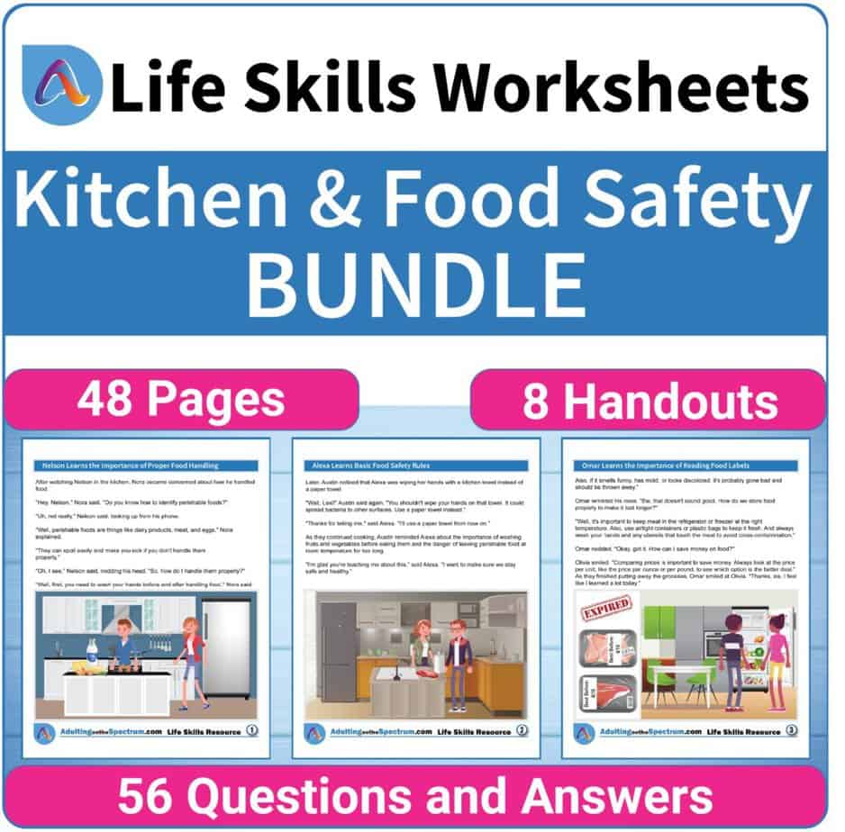 Are you searching for a Kitchen and Food Safety Life Skills Bundle for your High School Special Education class? This kitchen and food safety life skills bundle includes eight(8) No-Prep Worksheets. This special education high school bundle utilizes the power of storytelling to explain concepts such as proper food handling, food storage, microwave safety, and more!