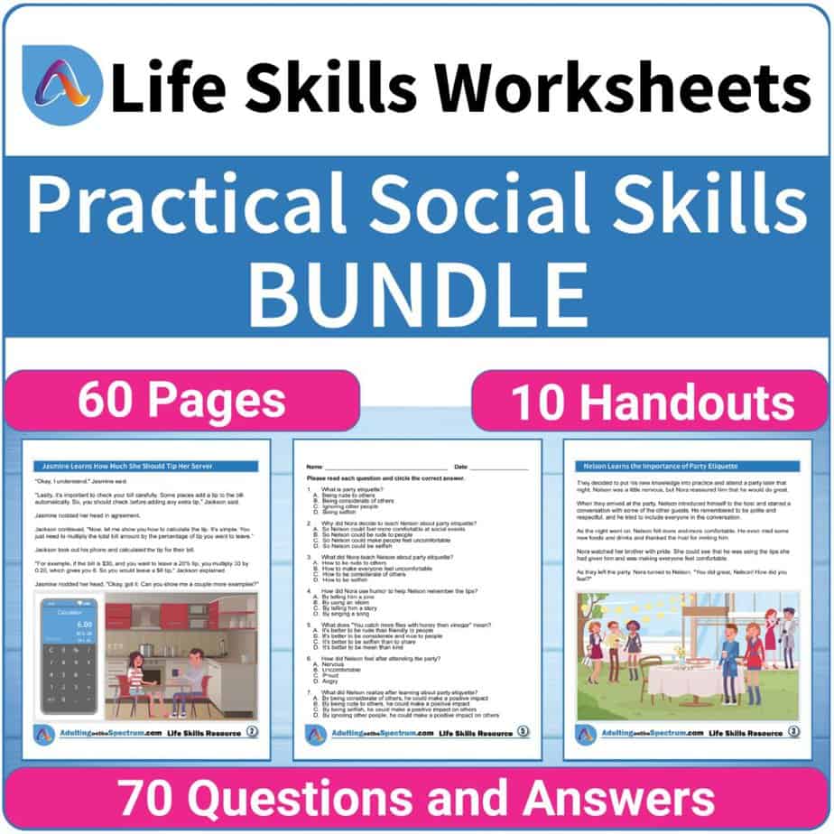 Are you searching for a Practical Social Skills Bundle for your Middle and High School Special Education class? This practical social skills bundle includes ten (10) No-Prep Worksheets. This special education middle and high school bundle utilizes the power of storytelling to explain concepts such as party etiquette, active listening, how to ask for help, the benefits of good personal hygiene, and more!