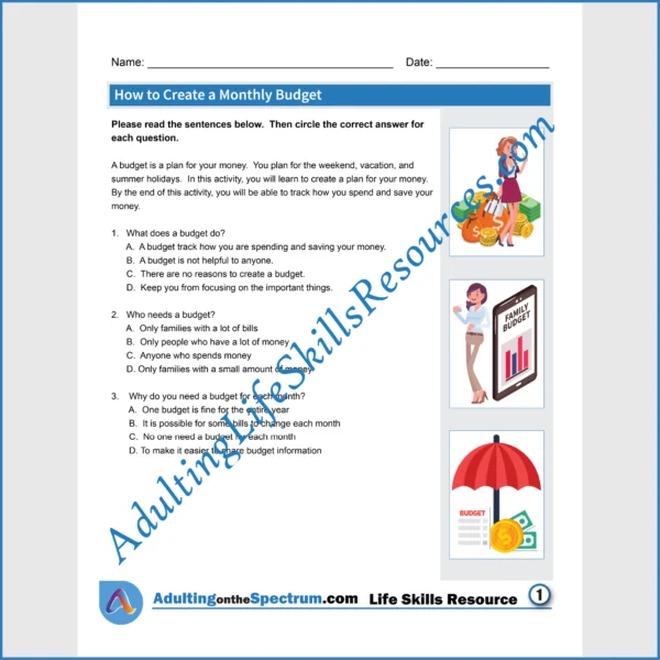 Adulting Life Skills Resources Money Management Life Skills Special Education handouts for teens and young adults covering How to Create a Monthly Budget.