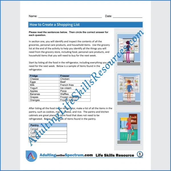 Adulting Life Skills Resources Money Management Life Skills Special Education handouts for teens and young adults covering How to Create a Grocery Shopping List.