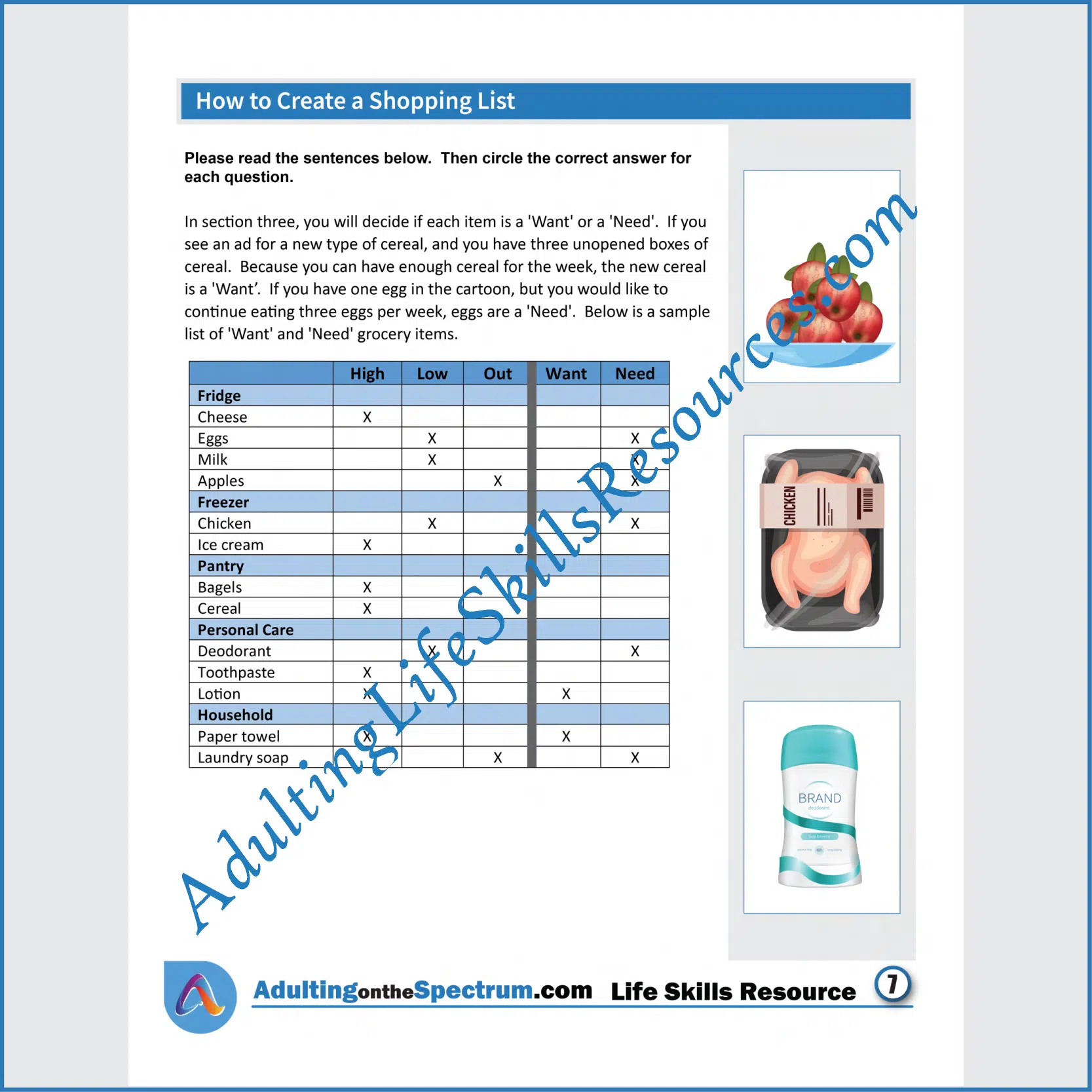 Adulting Life Skills Resources Independent Living Skills Special Education printable for teens and young adults covering How to Create a Grocery Shopping List.