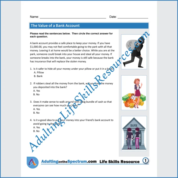 Adulting Life Skills Resources Money Management Life Skills Special Education handouts for teens and young adults covering The Value of a Bank Account.