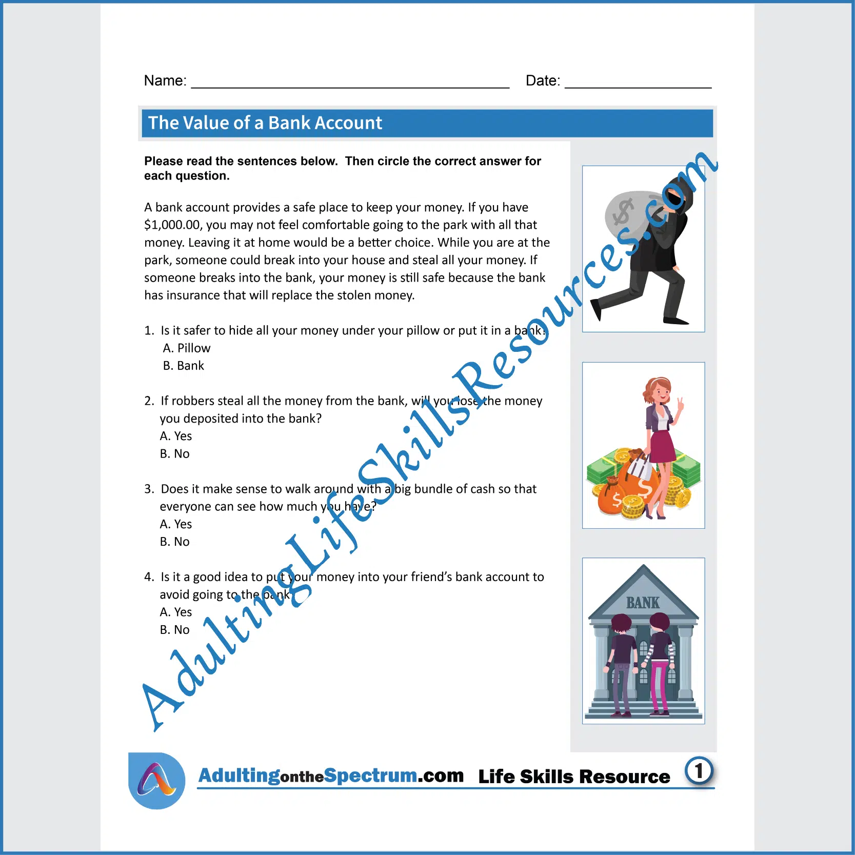 Adulting Life Skills Resources Money Management Life Skills Special Education handouts for teens and young adults covering The Value of a Bank Account.