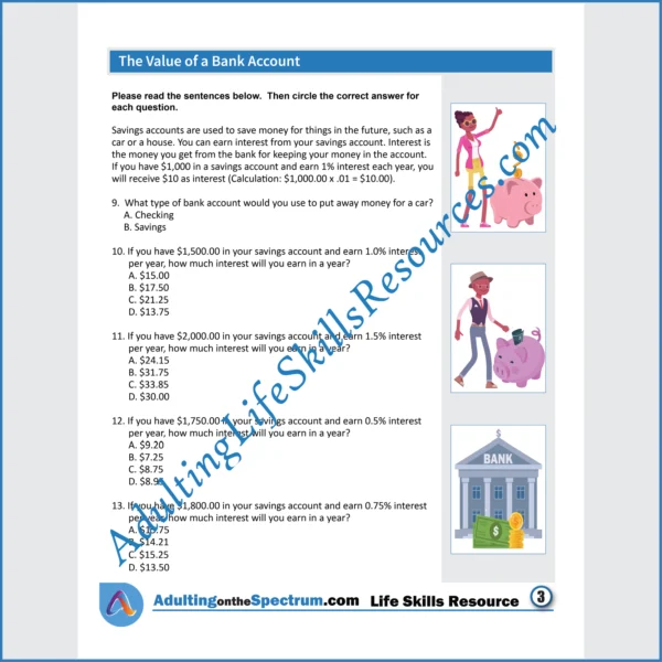 Adulting Life Skills Resources Independent Living Skills Special Education printable for teens and young adults covering The Value of a Bank Account.