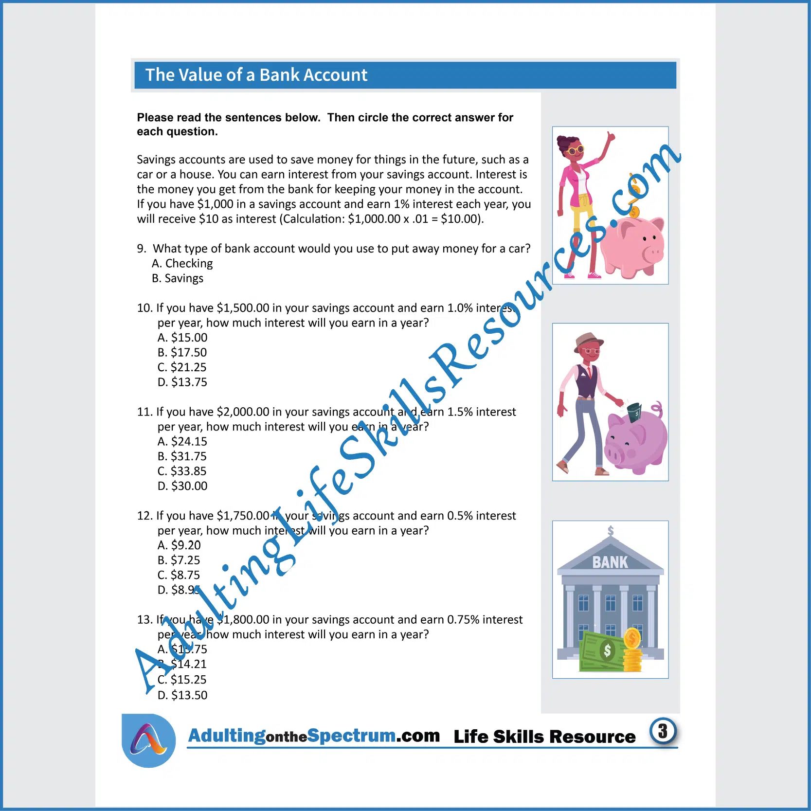 Adulting Life Skills Resources Independent Living Skills Special Education printable for teens and young adults covering The Value of a Bank Account.