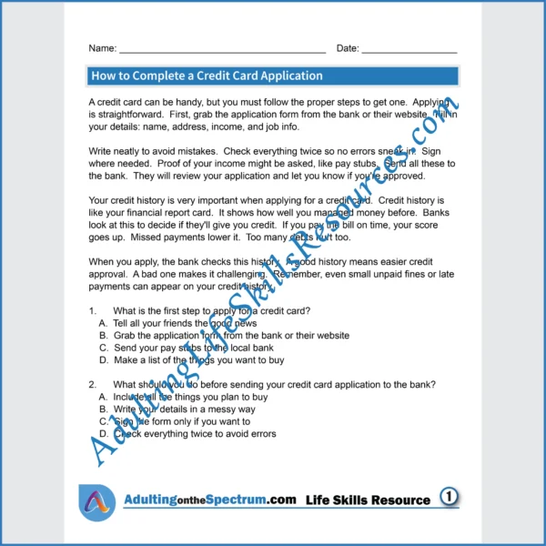 Adulting Life Skills Resources Money Management Life Skills Special Education handouts for teens and young adults covering How to Complete A Credit Card Application.