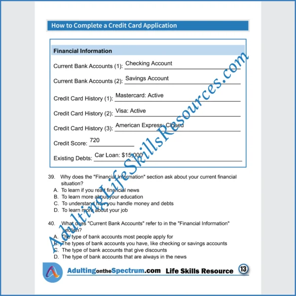 Adulting Life Skills Resources Independent Living Skills Special Education printable for teens and young adults covering How to Complete A Credit Card Application.