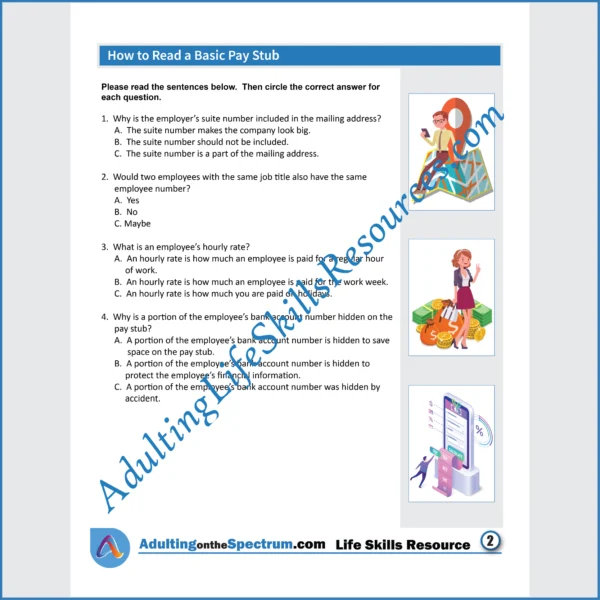 Adulting Life Skills Resources Money Management Life Skills Special Education handouts for teens and young adults covering How to Read a Basic Pay Stub.