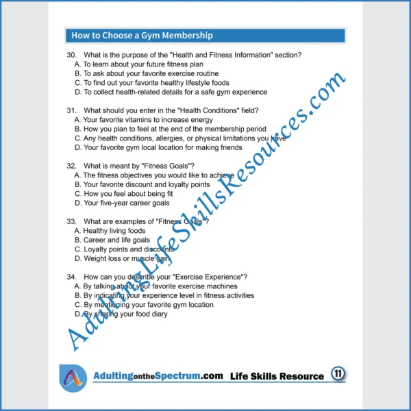 Adulting Life Skills Resources Essential Life Skills Special Education printable for teens and young adults covering How to Complete A Gym Membership.