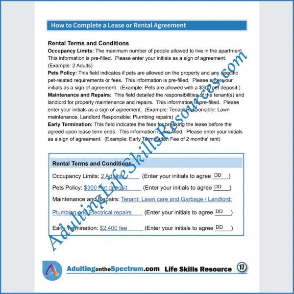 Adulting Life Skills Resources Independent Living Skills Special Education worksheet for high school students covering How to Complete A Rental Agreement.