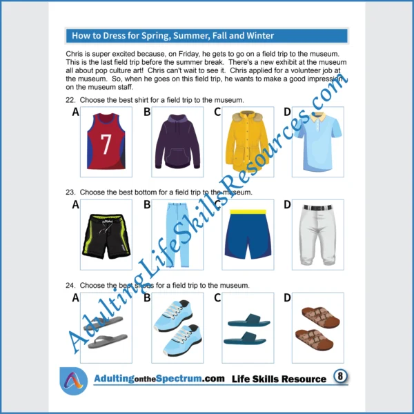 Adulting Life Skills Resources Functional Life Skills Special Education handouts for teens and young adults covering How to Dress for Spring, Summer, Fall, and Winter.