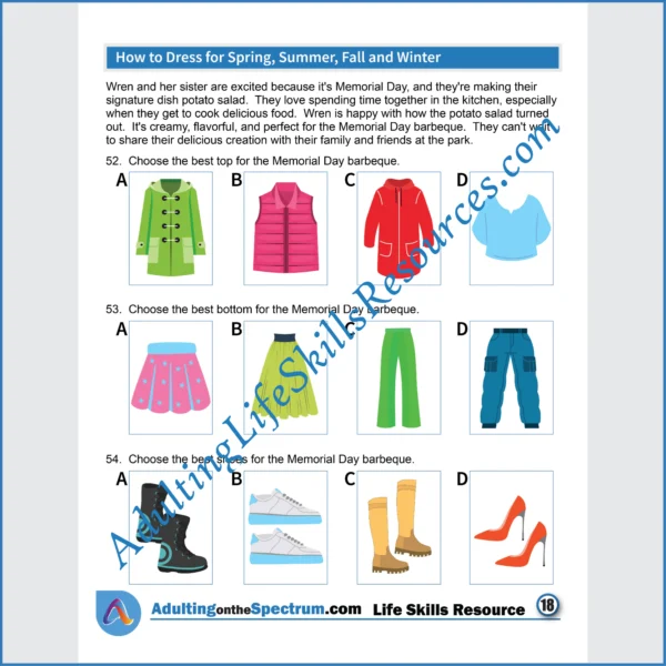 Adulting Life Skills Resources Essential Life Skills Special Education printable for teens and young adults covering how to Dress for Spring, Summer, Fall, and Winter.