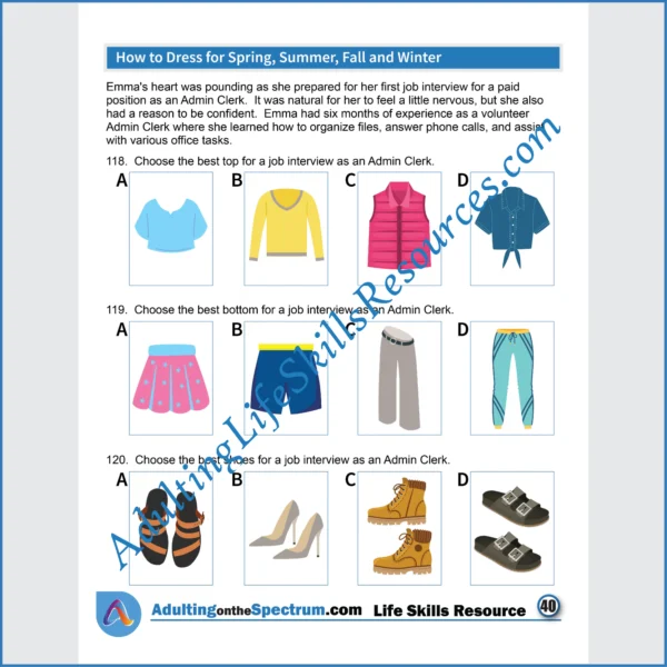 Adulting Life Skills Resources Independent Living Skills Special Education worksheet for high school students covering How to Dress for Spring, Summer, Fall, and Winter.