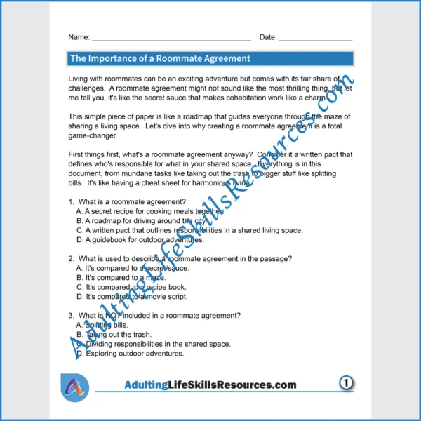 Adulting Life Skills Resources Functional Life Skills Special Education handouts for teens and young adults covering How to Complete A Roommate Agreement.