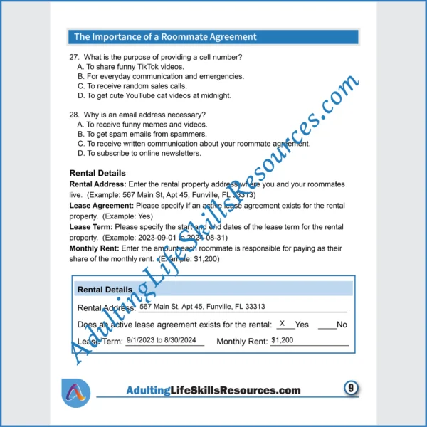 Adulting Life Skills Resources Essential Life Skills Special Education printable for teens and young adults covering How to Complete A Roommate Agreement.