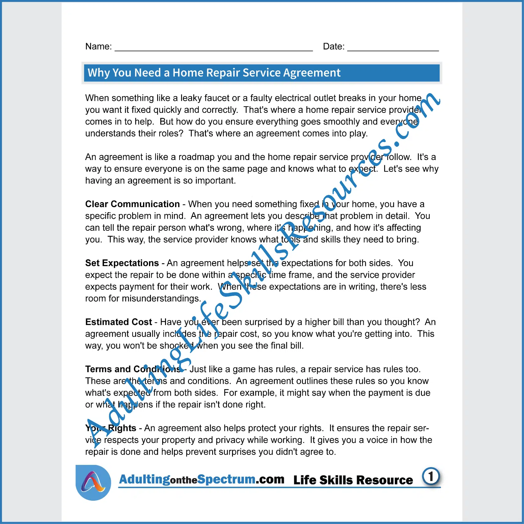 Adulting Life Skills Resources Functional Life Skills Special Education handouts for teens and young adults covering How to Complete A Home Repair Service Agreement.