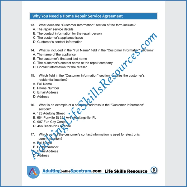 Adulting Life Skills Resources Essential Life Skills Special Education printable for teens and young adults covering How to Complete A Home Repair Service Agreement.