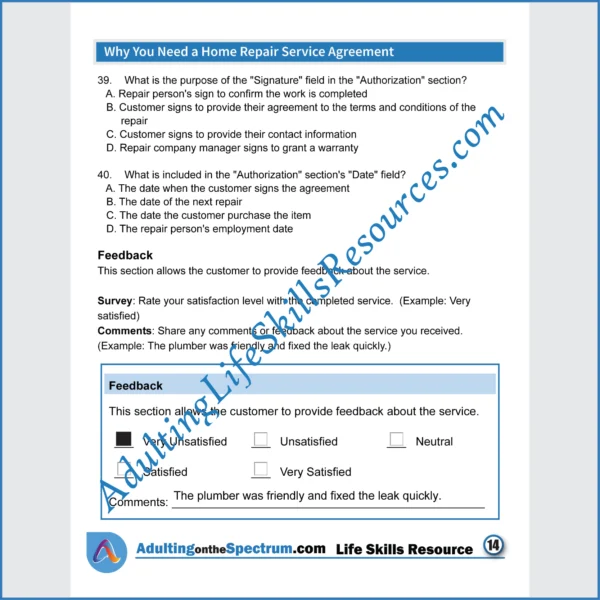 Adulting Life Skills Resources Independent Living Skills Special Education worksheet for high school students covering How to Complete A Home Repair Service Agreement.
