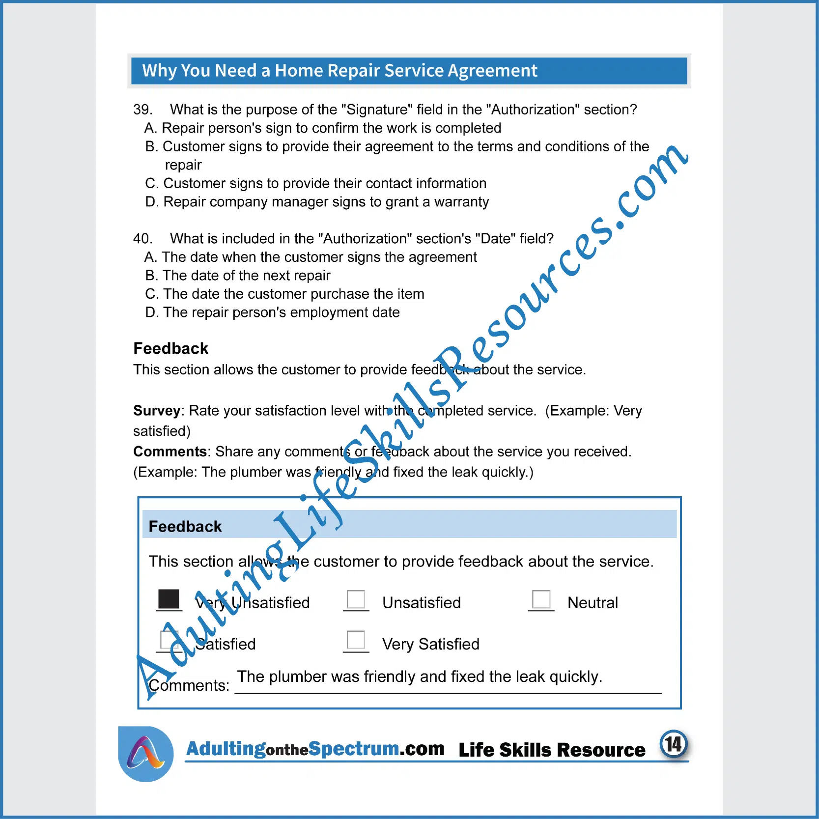 Adulting Life Skills Resources Independent Living Skills Special Education worksheet for high school students covering How to Complete A Home Repair Service Agreement.