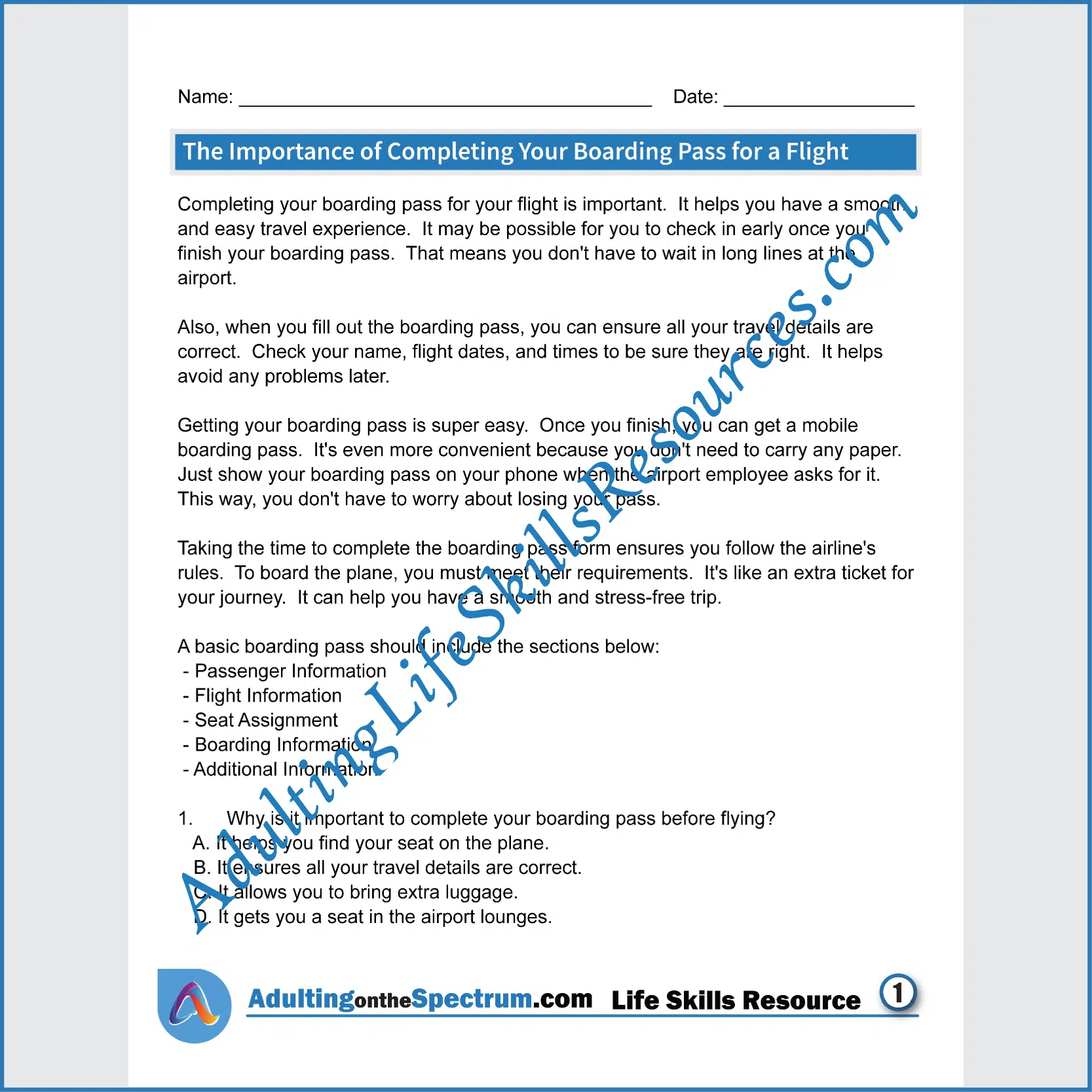 Adulting Life Skills Resources Functional Life Skills Special Education handouts for teens and young adults covering How to Complete a Boarding Pass.