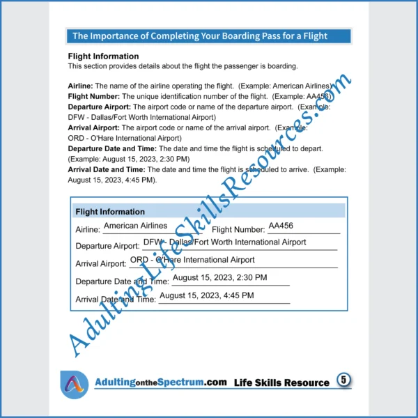 Adulting Life Skills Resources Essential Life Skills Special Education printable for teens and young adults covering How to Complete a Boarding Pass.