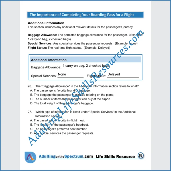 Adulting Life Skills Resources Independent Living Skills Special Education worksheet for high school students covering How to Complete a Boarding Pass.