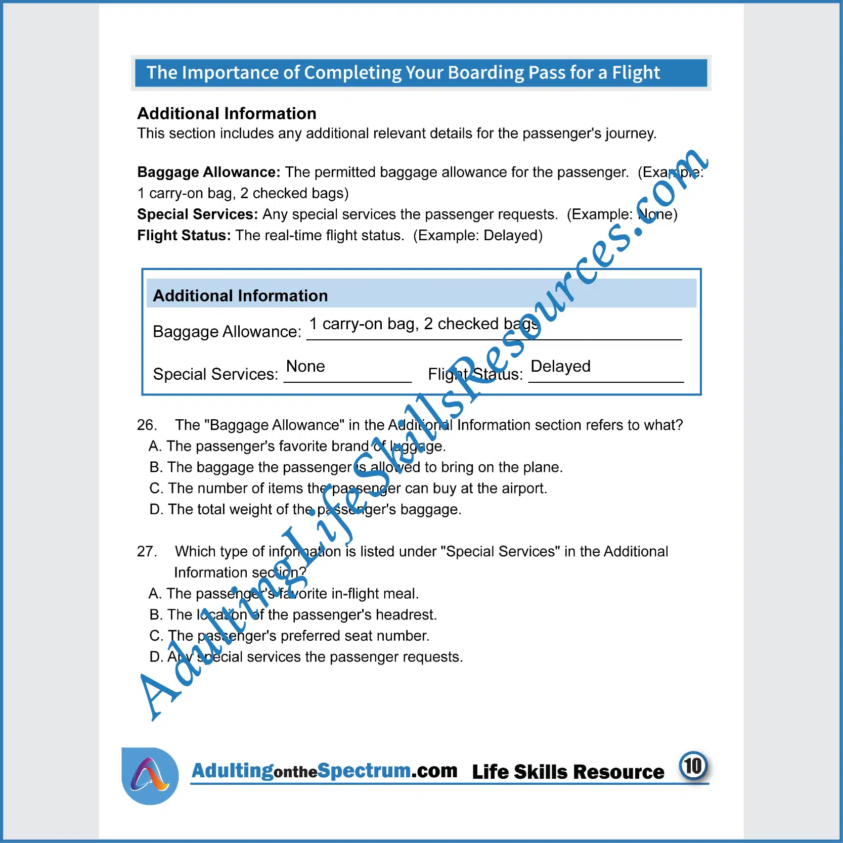 Adulting Life Skills Resources Independent Living Skills Special Education worksheet for high school students covering How to Complete a Boarding Pass.