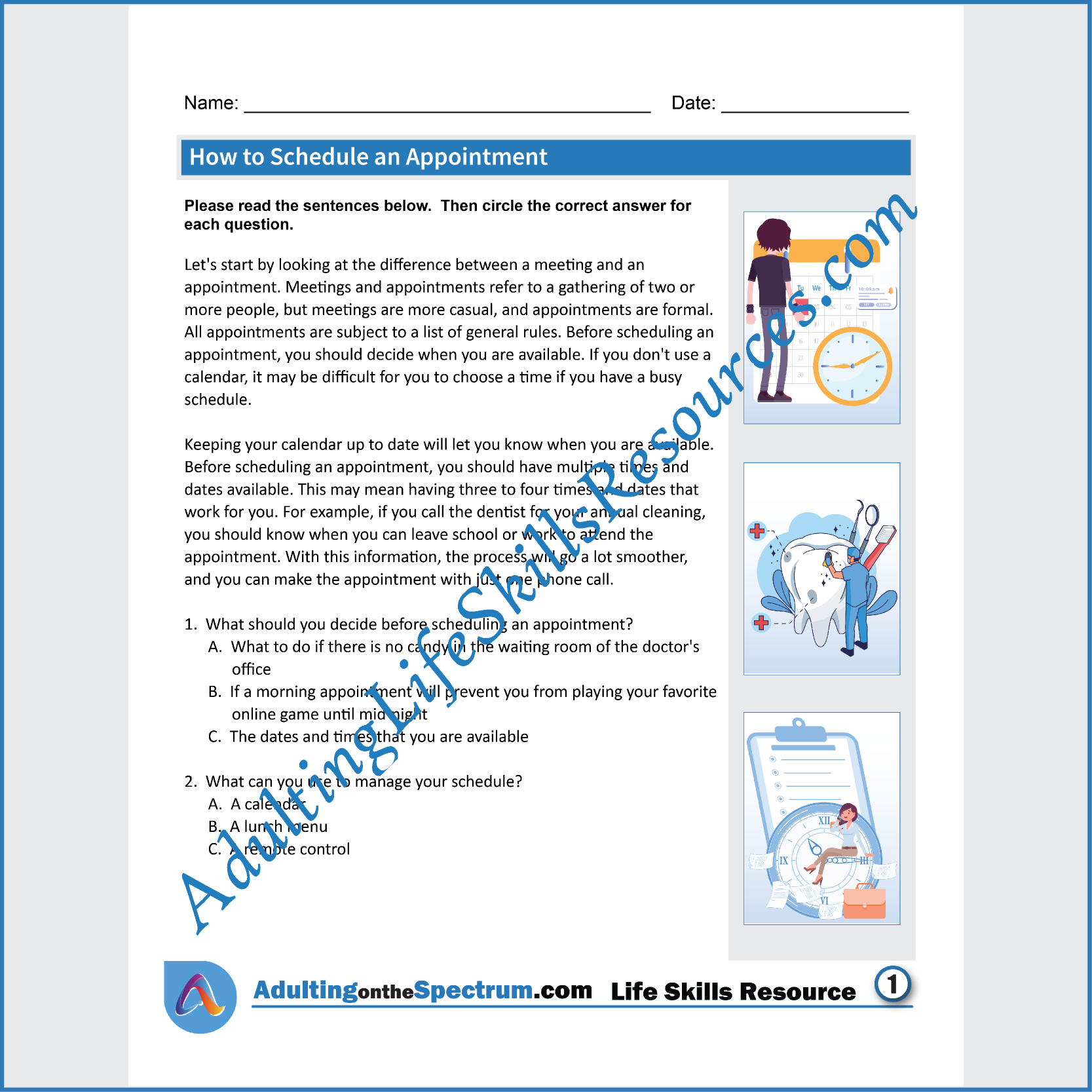 Adulting Life Skills Resources Functional Life Skills Special Education handouts for teens and young adults covering How to Schedule Appointments.