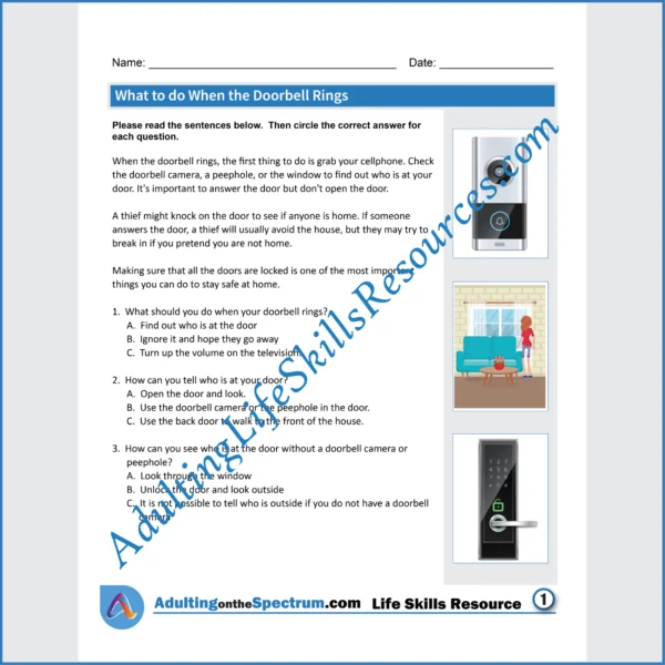 Adulting Life Skills Resources Functional Life Skills Special Education handouts for teens and young adults covering How to Answer the Doorbell.