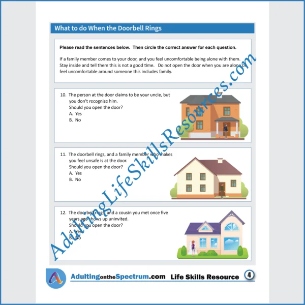 Adulting Life Skills Resources Essential Life Skills Special Education printable for teens and young adults covering How to Answer the Doorbell.