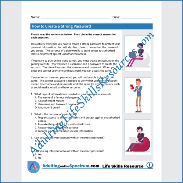 Adulting Life Skills Resources Functional Life Skills Special Education handouts for teens and young adults covering How to Create a Secure Password.
