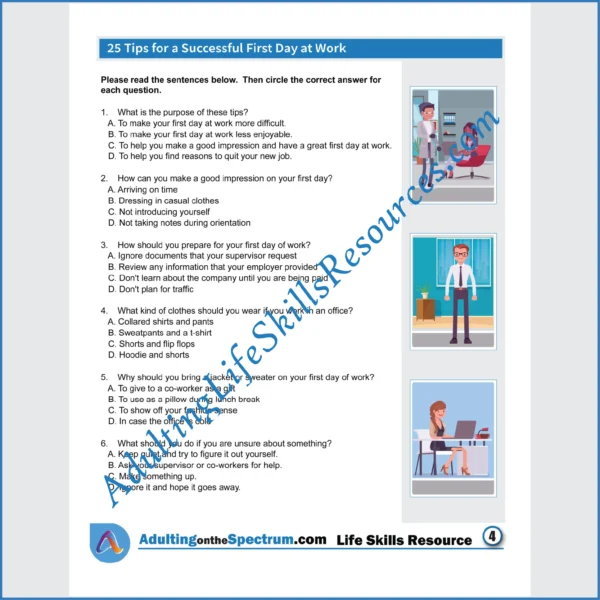 Adulting Life Skills Resources Employment Skills Special Education printable for teens and young adults covering the Tips to Have a Successful First Day at Work.