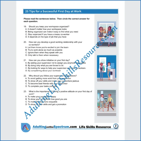 Adulting Life Skills Resources Career Exploration Special Education worksheet for high school students covering the Tips to Have a Successful First Day at Work.