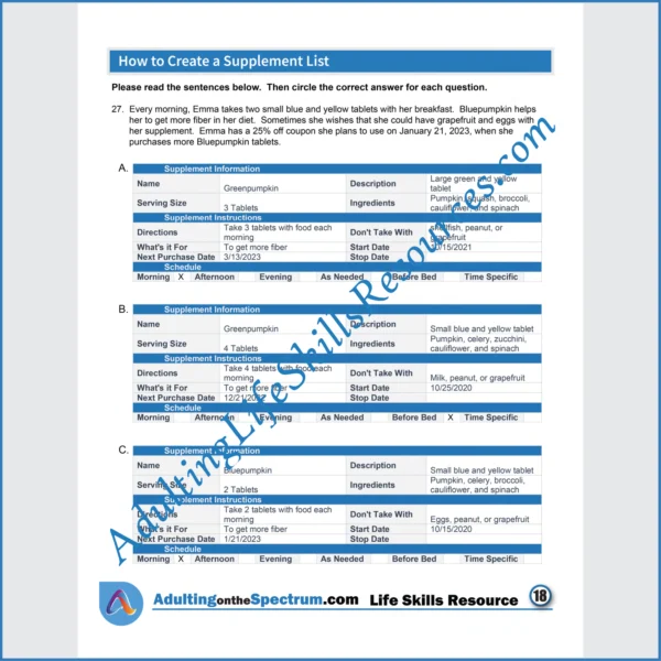 Adulting Life Skills Resources Medical Safety Special Education worksheet for middle and high school students covering How to Create and Manage a Supplement List.