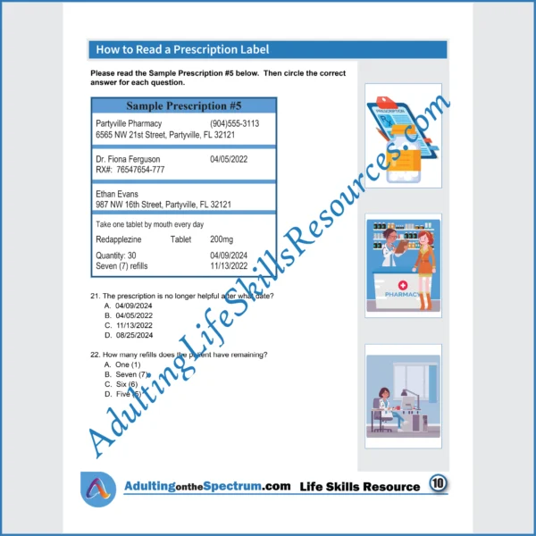 Adulting Life Skills Resources Independent Living Skills Special Education printable for middle and high school students covering How to Read a Prescription Label.