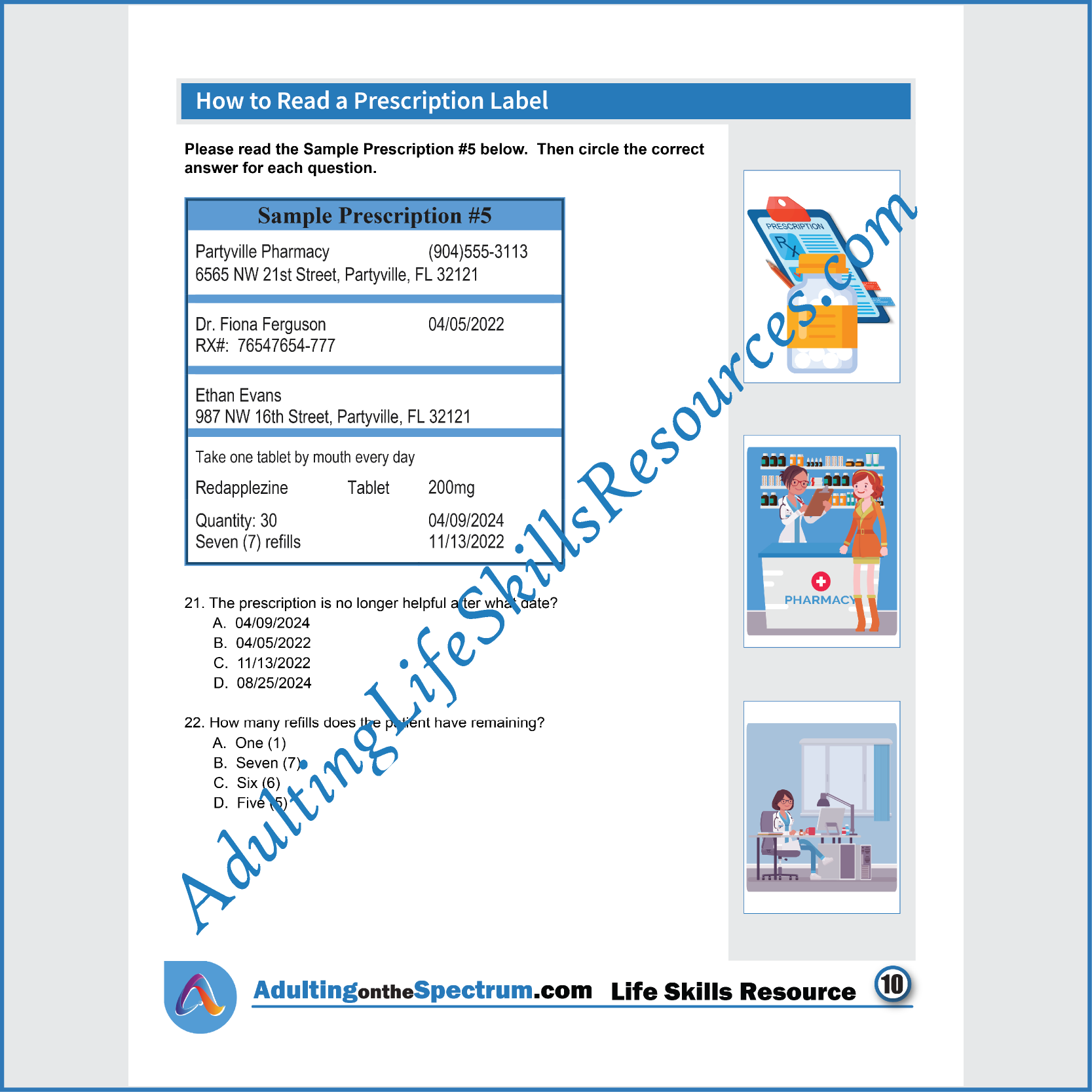 Adulting Life Skills Resources Independent Living Skills Special Education printable for middle and high school students covering How to Read a Prescription Label.