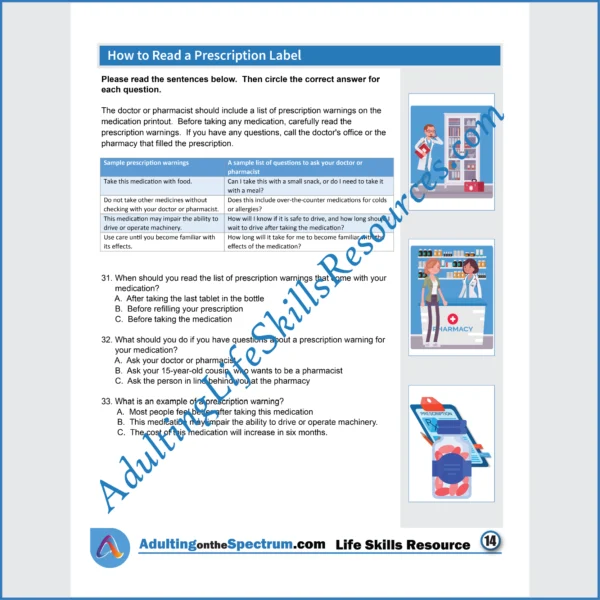 Adulting Life Skills Resources Medical Safety Special Education worksheet for middle and high school students covering How to Read a Prescription Label.
