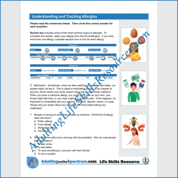 Adulting Life Skills Resources Independent Living Skills Special Education handouts for teens and young adults covering How to Create and Manage Allergy Tracking List.