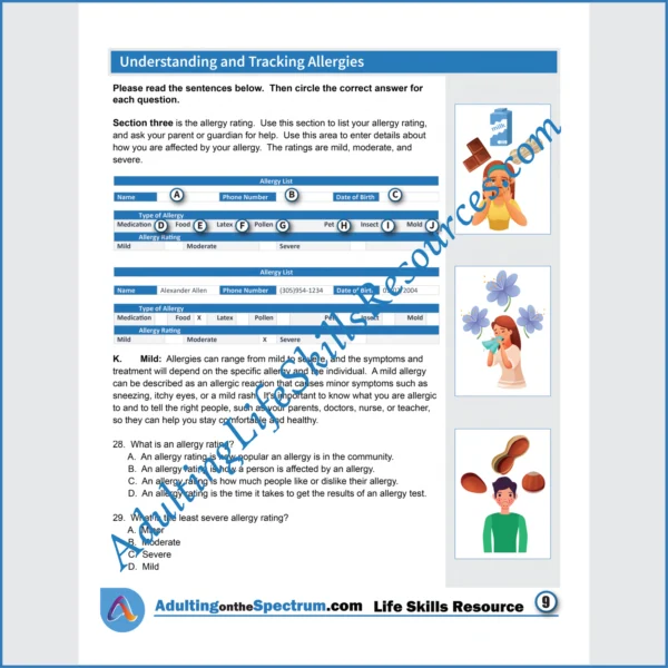 Adulting Life Skills Resources Independent Living Skills Special Education printable for middle and high school students covering How to Create and Manage Allergy Tracking List.