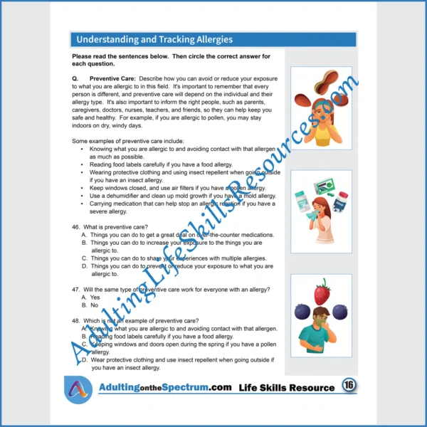Adulting Life Skills Resources Medical Safety Special Education worksheet for middle and high school students covering How to Create and Manage Allergy Tracking List.