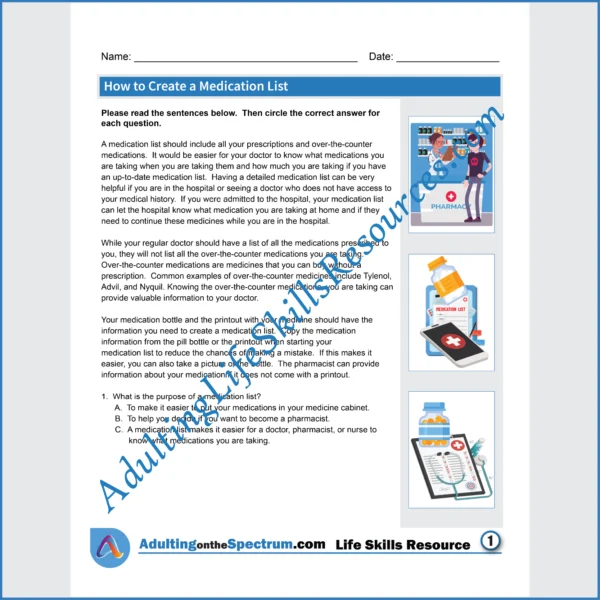 Adulting Life Skills Resources Independent Living Skills Special Education handouts for teens and young adults covering How to Create a Medication List.