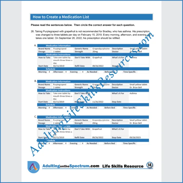 Adulting Life Skills Resources Medical Safety Special Education worksheet for middle and high school students covering How to Create a Medication List.