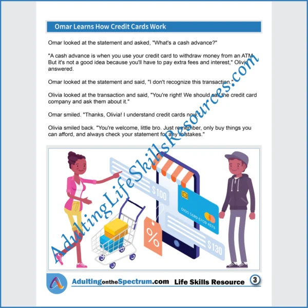 Adulting Life Skills Resources SPED Independent Living Skills Social stories for middle and high school students cover Credit Cards.