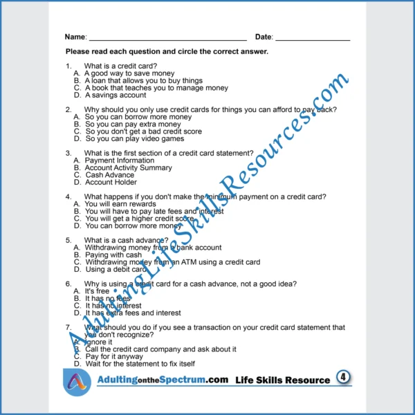 Adulting Life Skills Resources SPED Personal Finance printable for middle and high school students covers Credit Cards.