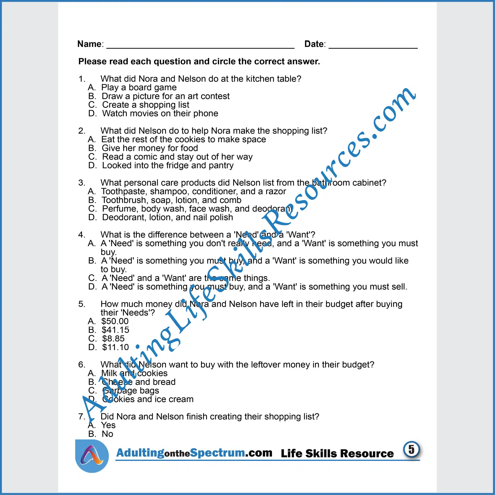Adulting Life Skills Resources SPED Personal Finance printable for middle and high school students covers making a Grocery Shopping List.