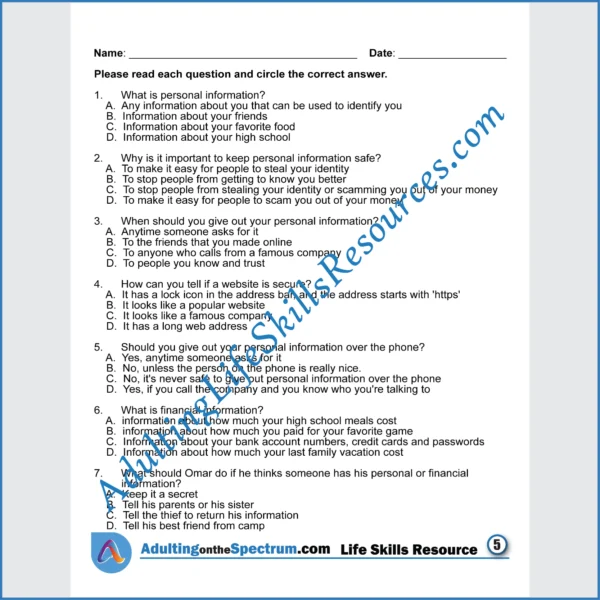 Adulting Life Skills Resources SPED Personal Finance printable for middle and high school students covers Protecting Financial Information.