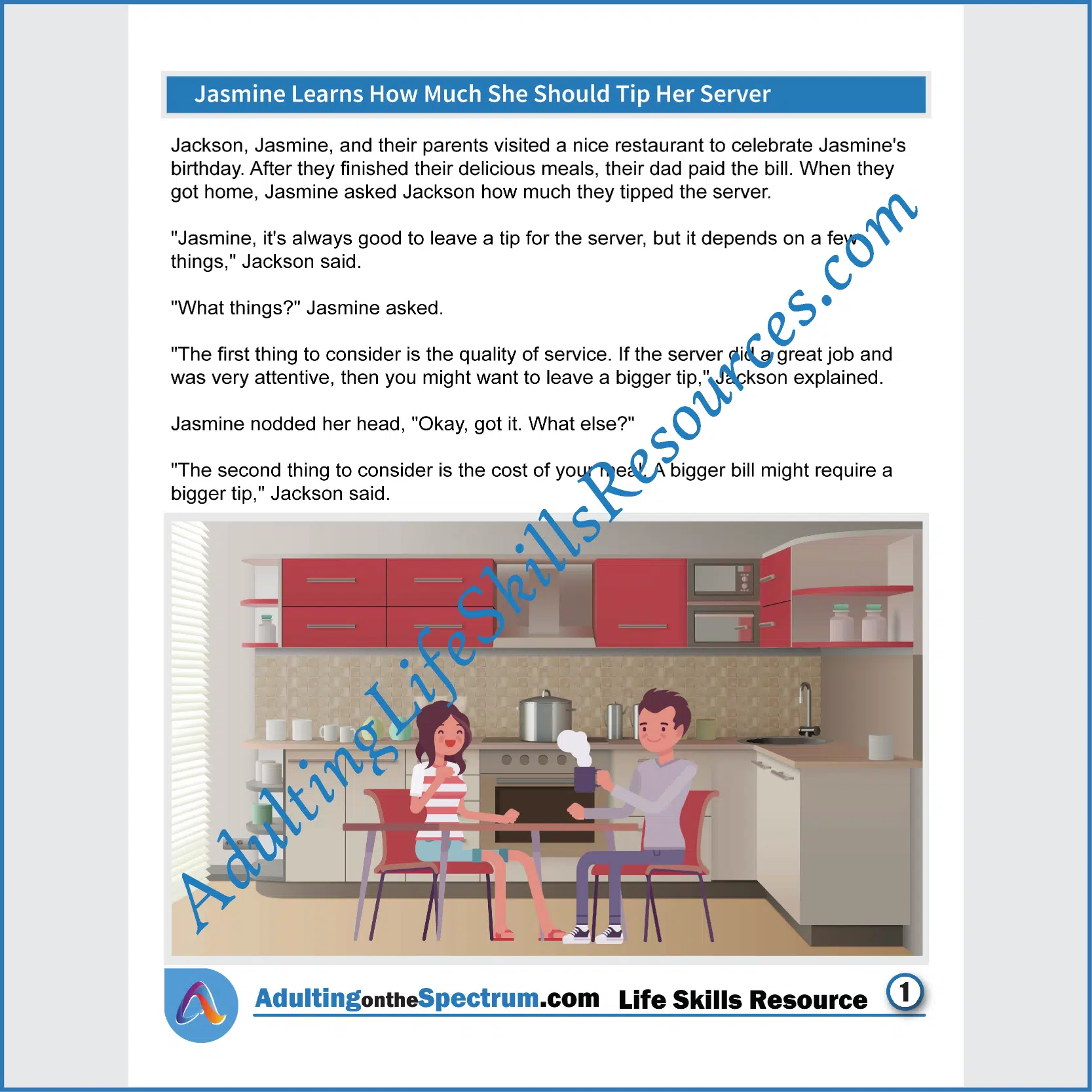 Adulting Life Skills Resources SPED Functional Life Skills handouts for teens and young adults cover How Much to Tip a Server.