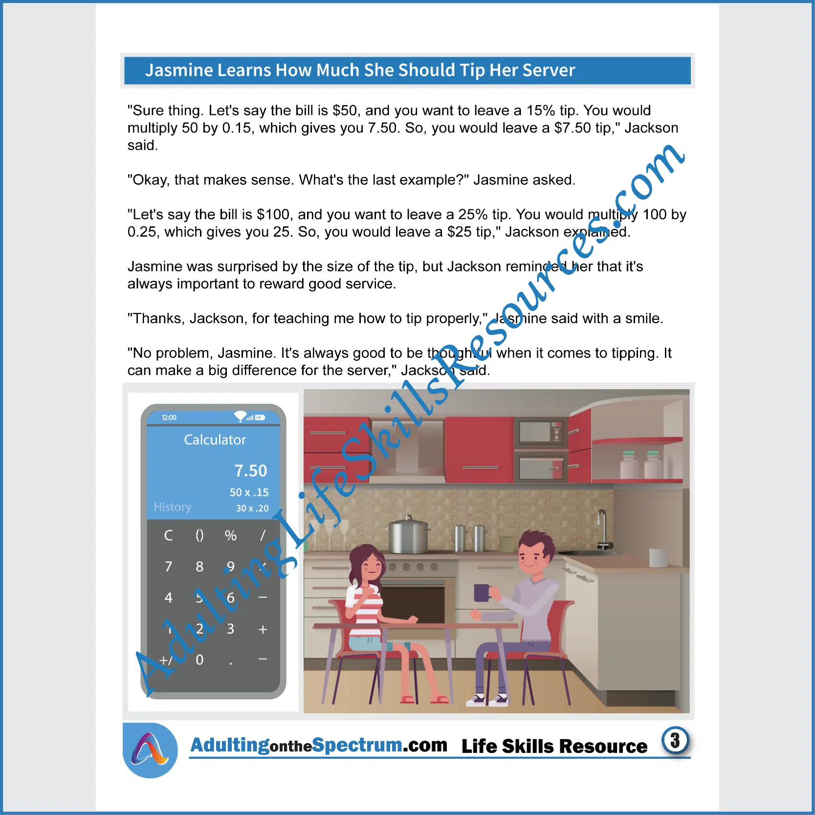 Adulting Life Skills Resources SPED Independent Living Skills Social stories for middle and high school students cover How Much to Tip a Server.